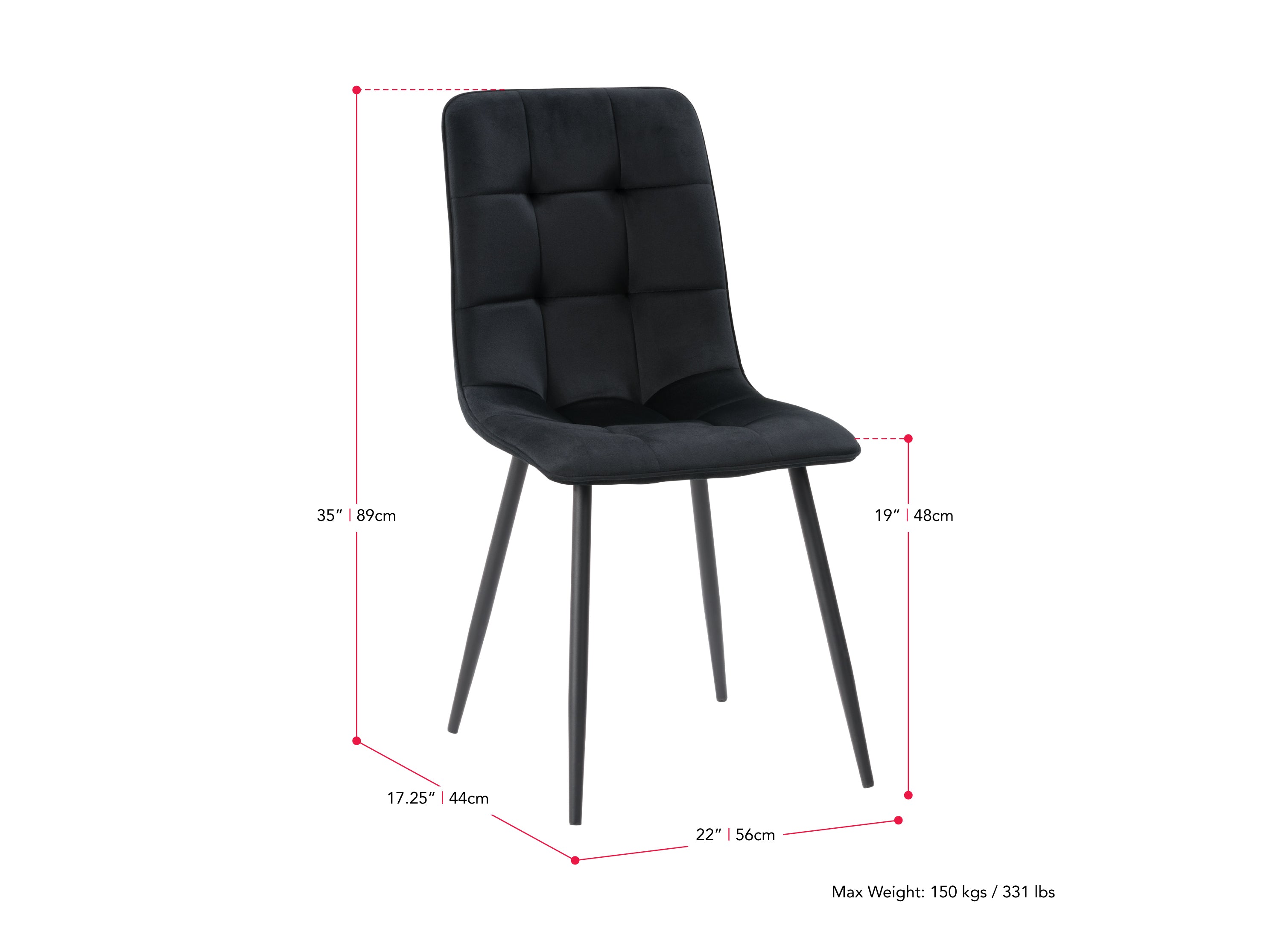 black Velvet Upholstered Dining Chairs, Set of 2 Nash Collection measurements diagram by CorLiving#color_nash-black-velvet