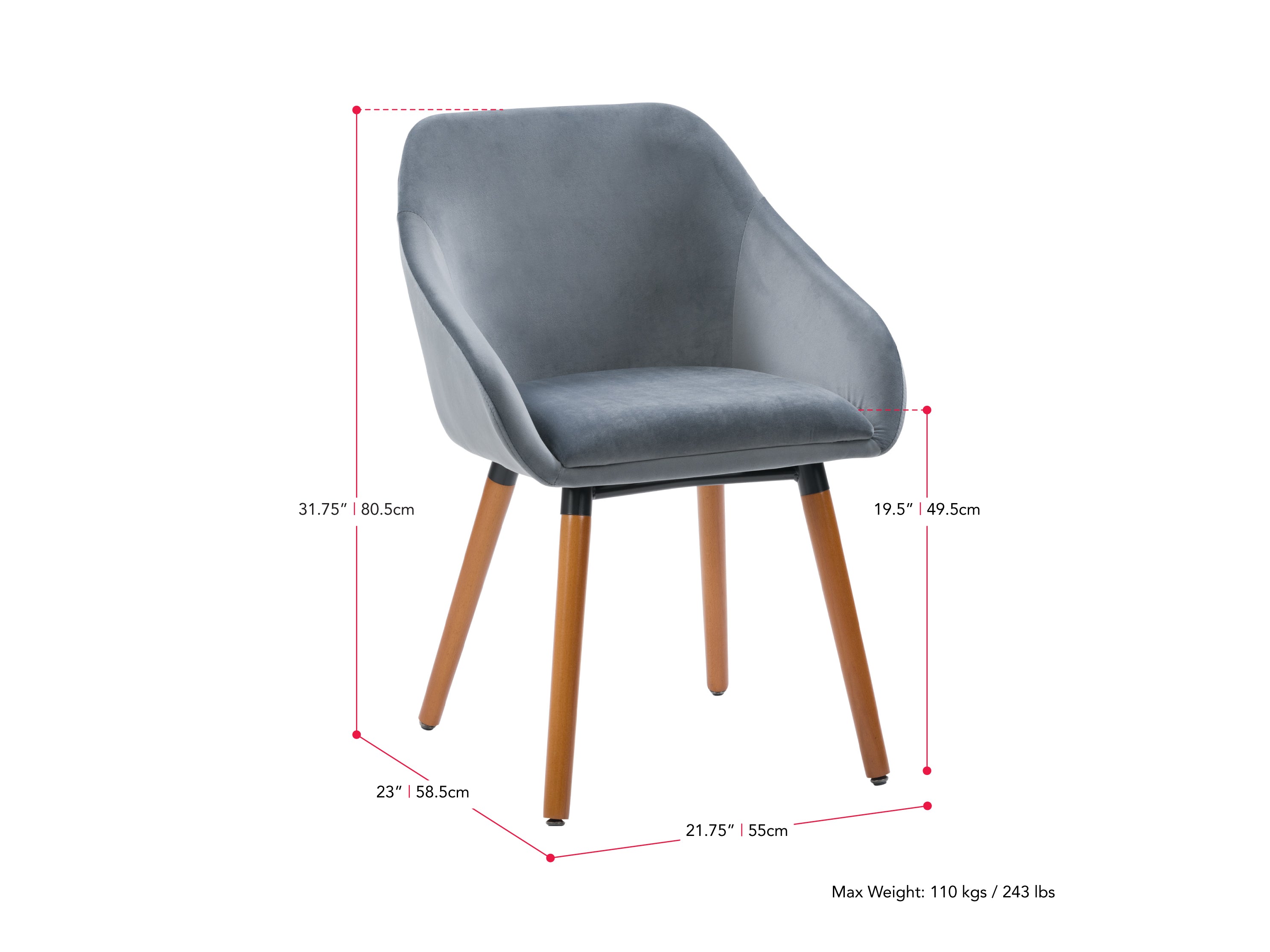 grey Velvet Dining Chairs, Set of 2 Alice Collection measurements diagram by CorLiving#color_grey
