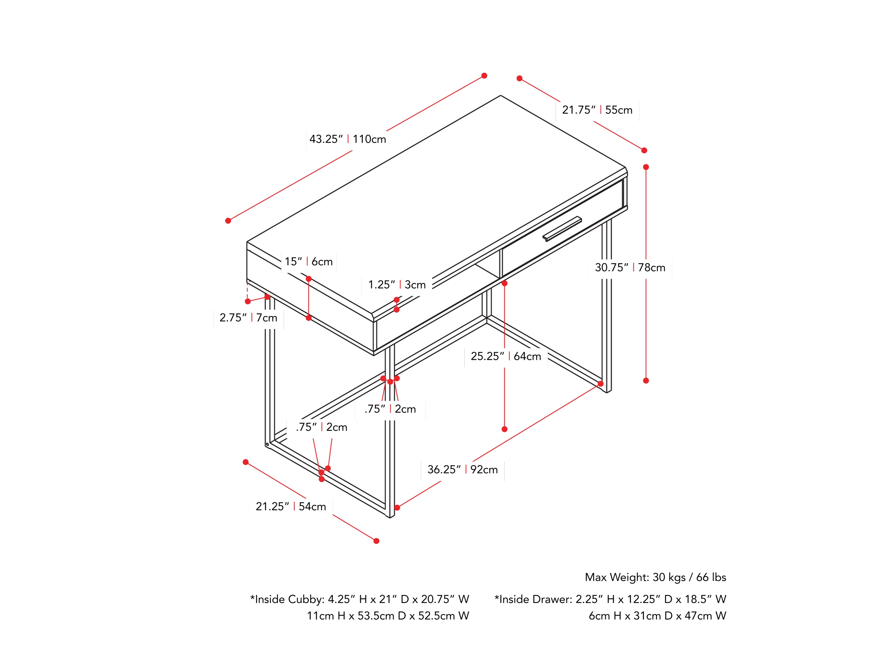 brown Wood Computer Desk Fort Worth Collection measurements diagram by CorLiving#color_brown