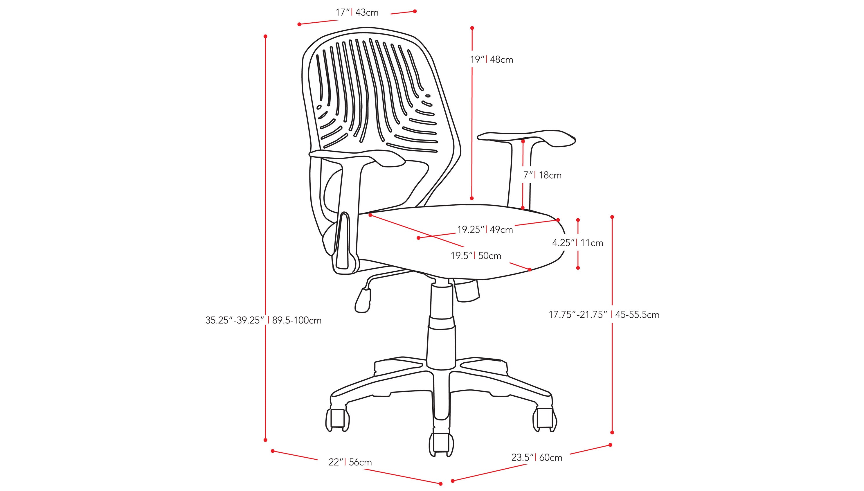 grey Mesh Office Chair Avery Collection measurements diagram by CorLiving#color_grey