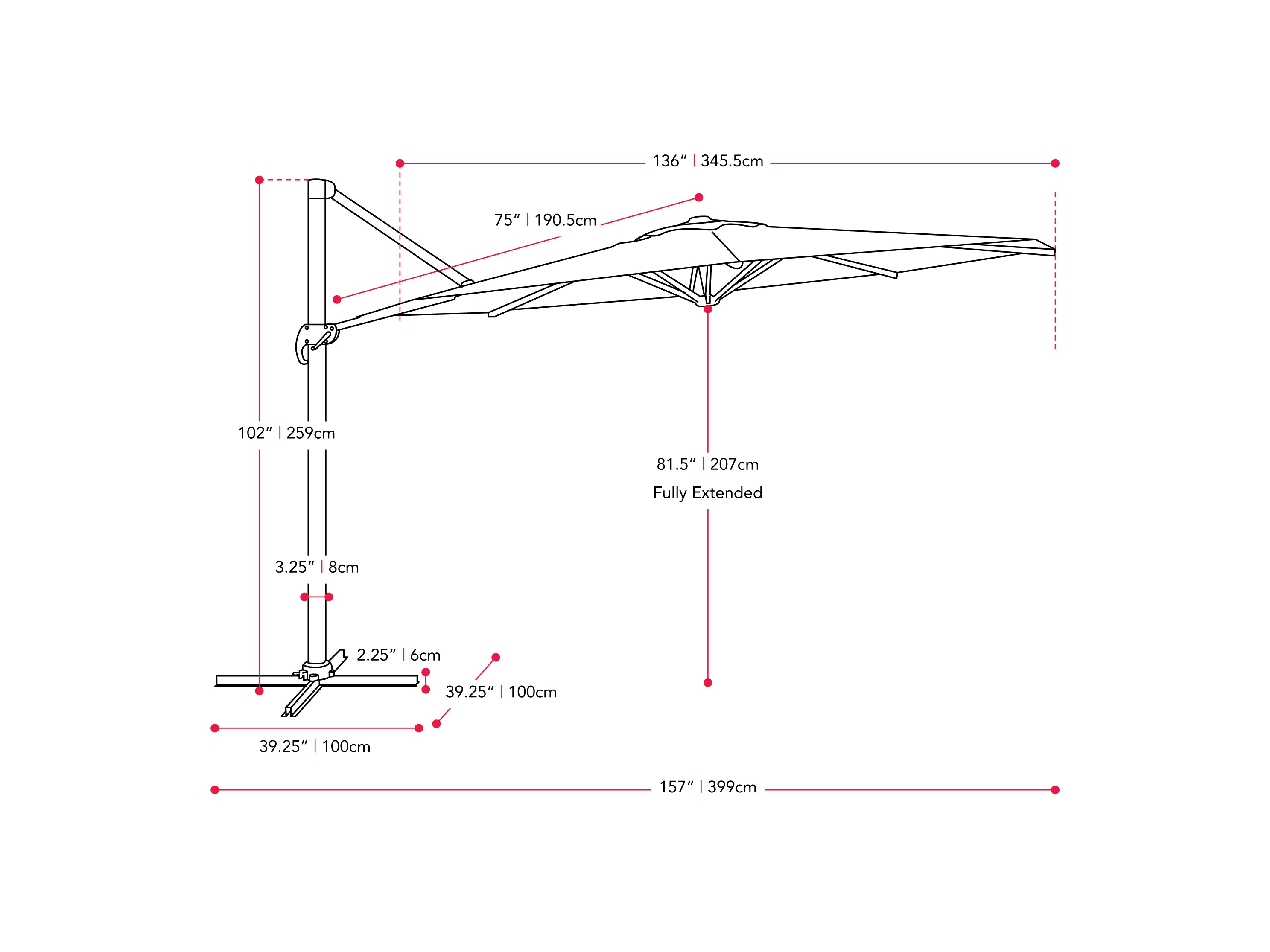 black deluxe offset patio umbrella 500 Series measurements diagram CorLiving#color_ppu-black